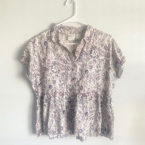 Rachel Zoe New York 100% Linen Floral Short Sleeve‎ Peplum Blouse Size Small